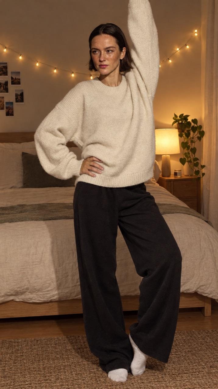 The remake: the creator's AI twin hits the same pose in her own bedroom